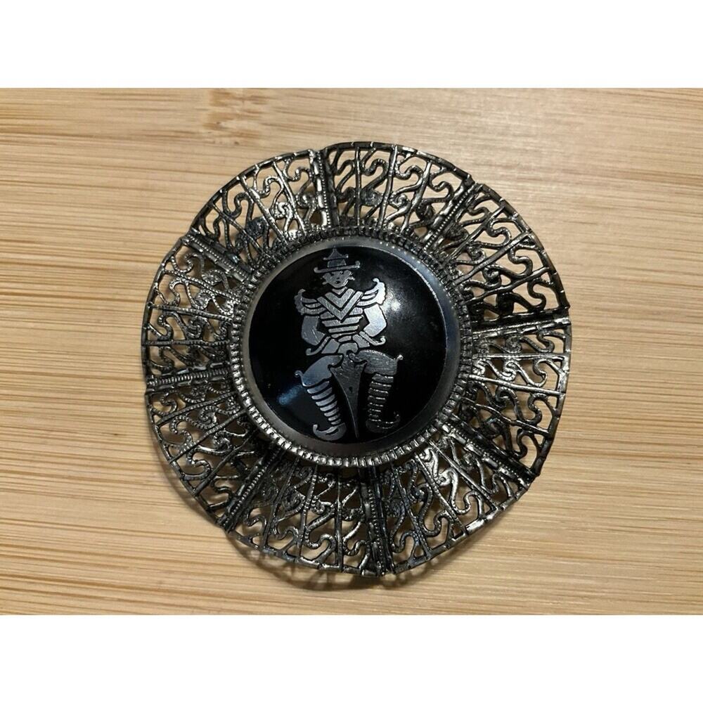 VTG Filigree Siam Brooch Enamel Silver Tone